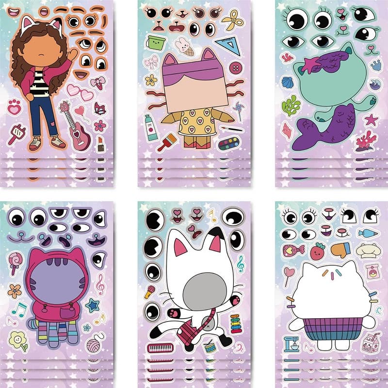 12 Unidades/Lote Gabby Dollhouse Cats Faça Seu Próprio Rosto DIY Quebra-Cabeça Adesivo Brinquedos Infantis