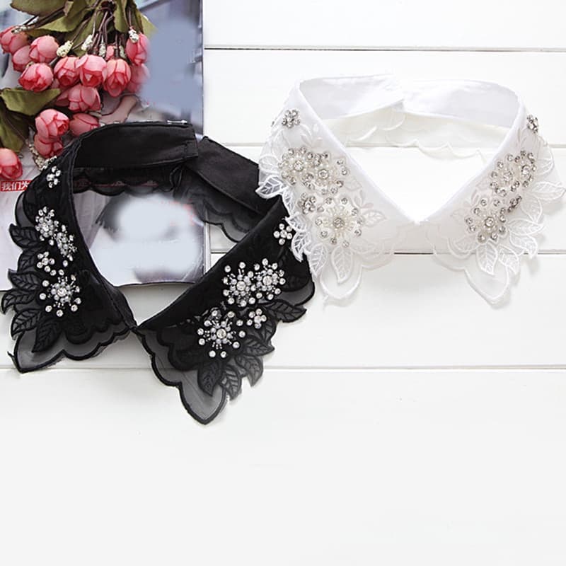 Elegante Camisa De Moda Pérola Branca Flor Sweater Falso Colarinho Bordado Em Renda