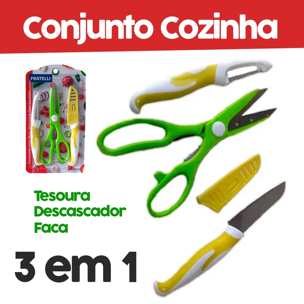 Conjunto Faca Com Capa Tesoura Descascador Multiuso