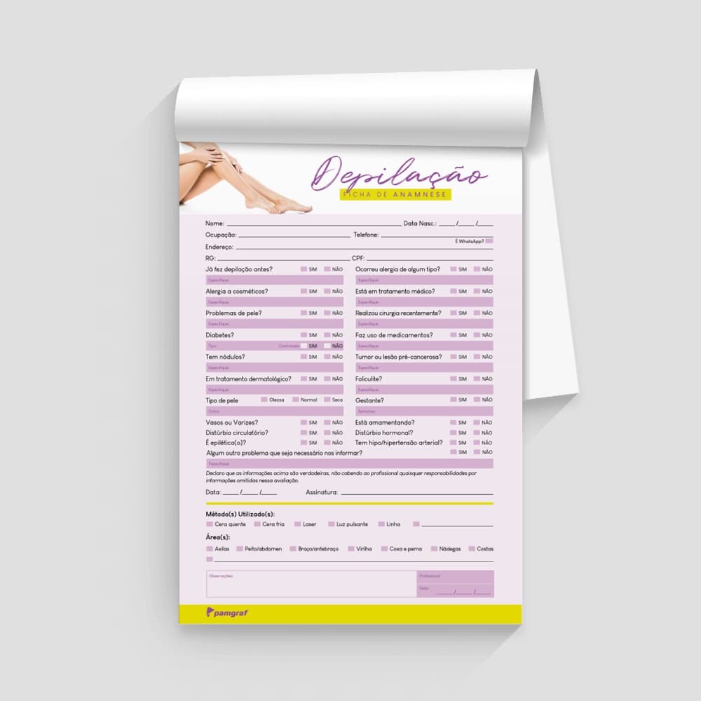 1 Ficha Anamnese de Depilação Bloco com 100 Fls - 14,8x21cm