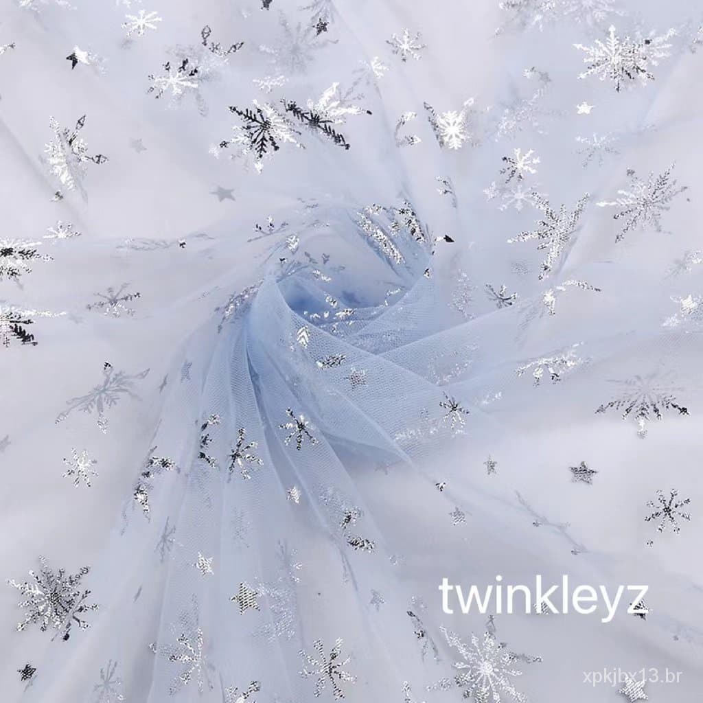 Tecido de malha de flocos de neve padrão de gelo prata vestido de princesa DIY material PS1R