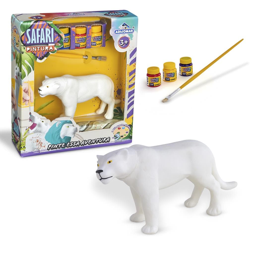 Boneco Safari Pintura Onça Guache e Pincel Brinquedo para Pintar e Colorir Brinquedo Menino Menina