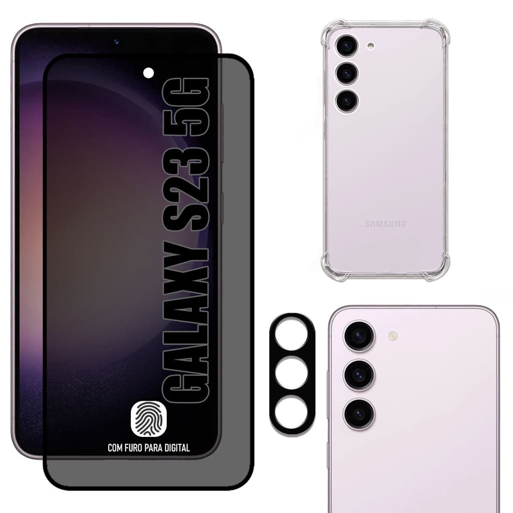 Kit Para Galaxy S23 5g | Película de Privacidade 3D - Capa Anti Shock - Película da Câmera 3D