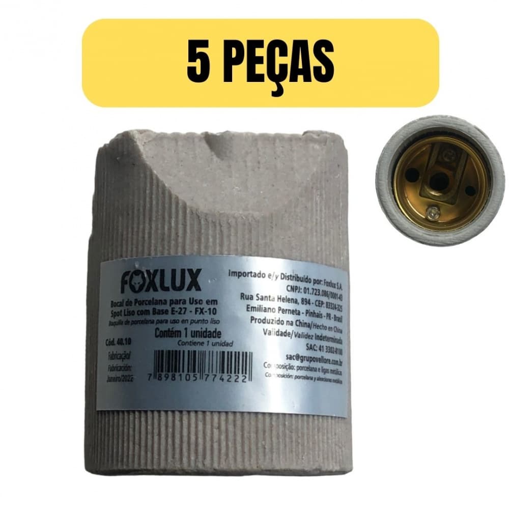 Kit 5 Soquetes Receptáculos Porcelana Bocal E27 Spot Foxlux para Lâmpada