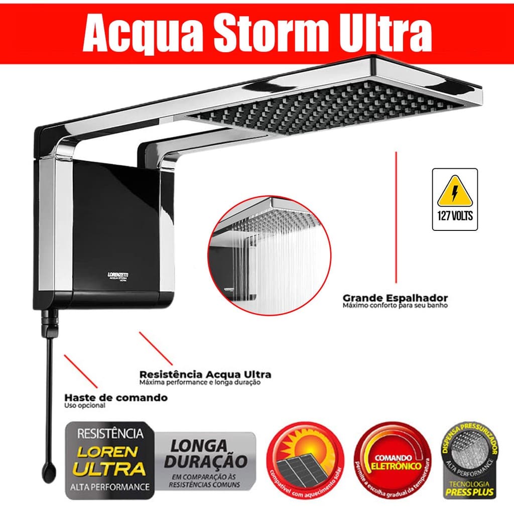 Kit 3un Chuveiro Lorenzetti Acqua Storm Ultra Preto com Cromado 127v 5500w