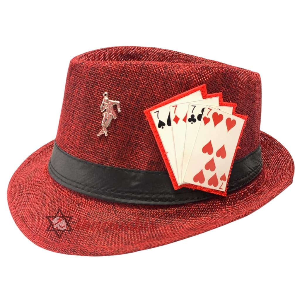 Chapéu Zé Pilintra Malandro Vermelho com Baralho e Pingente Umbanda Candomblé