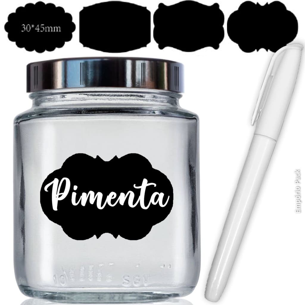 6 Potes Tempero Vidro 240ml, Tampa Plast. Preta, Etiqueta e Caneta