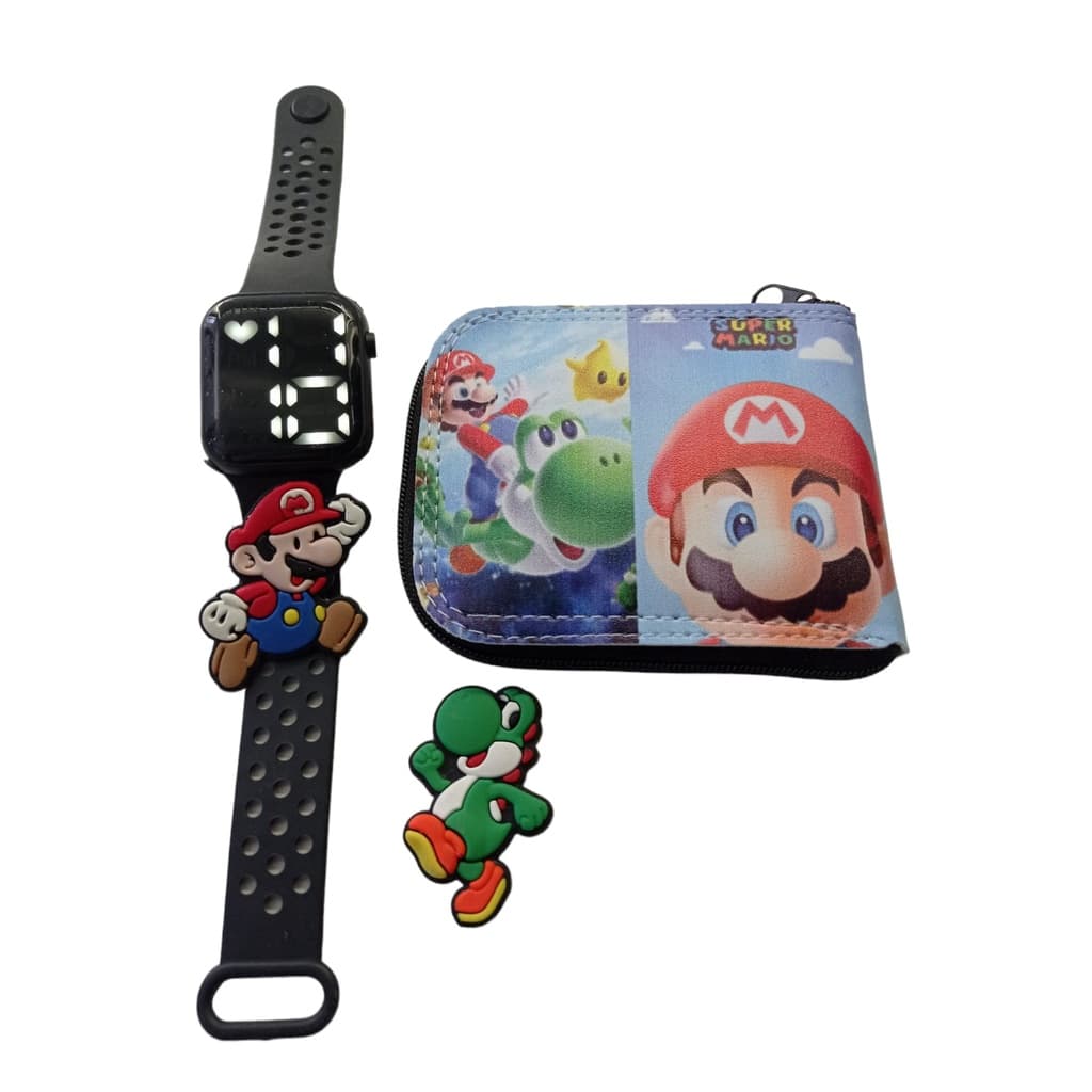 Kit Carteira Infantil Do Mario Bros Mais Reloginho Digital