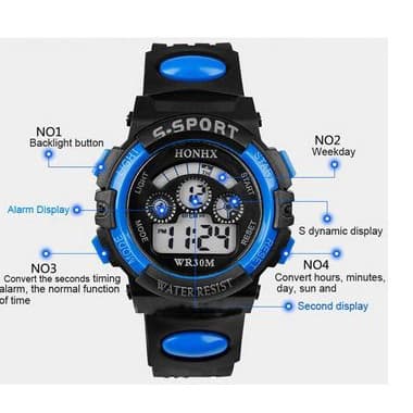 Relógio De Pulso Infantil À Prova D 'Água De Quartzo Digital Com Alarme Led Azul
