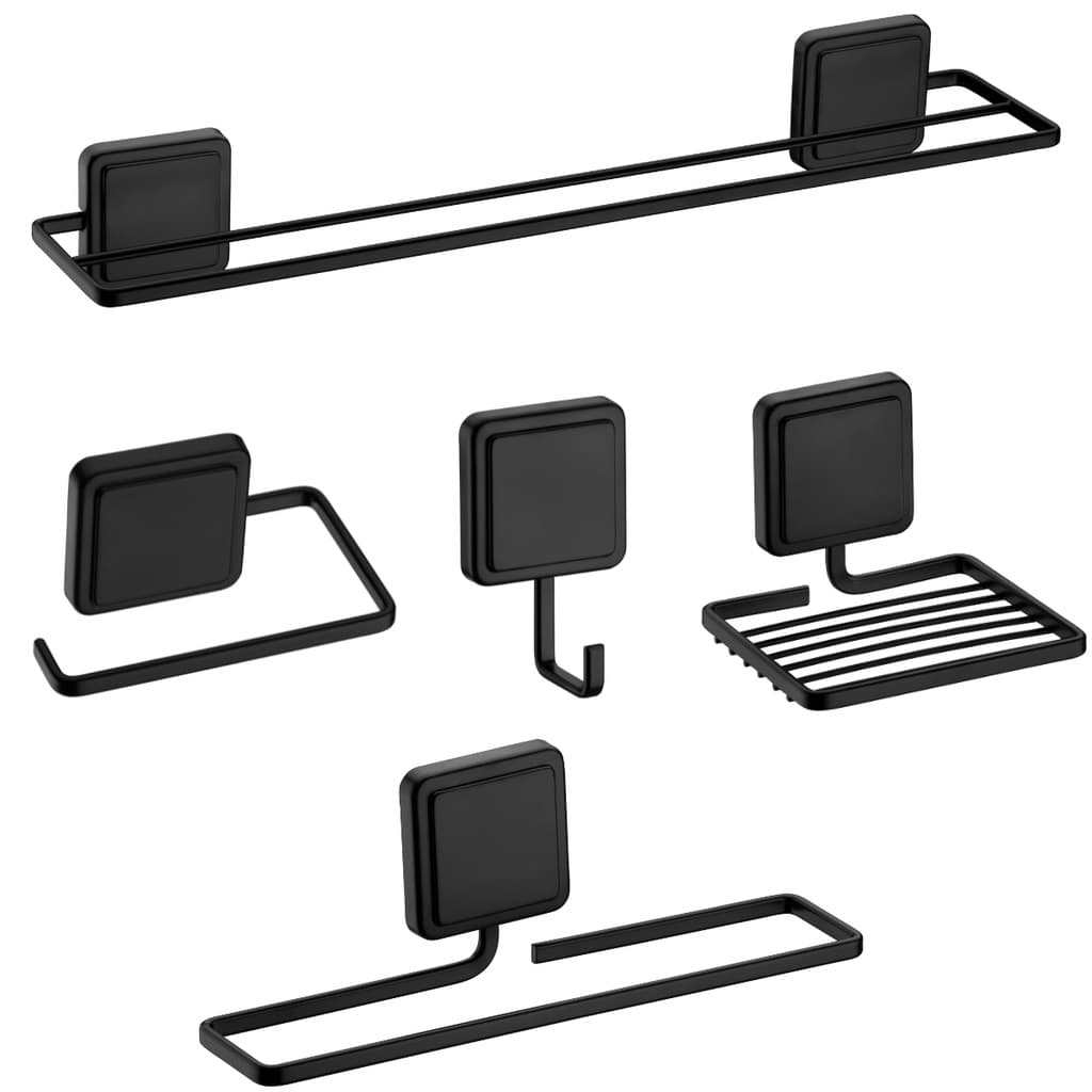 Kit Acessórios Banheiro Preto Fosco 5 Peças Fixação Adesivo