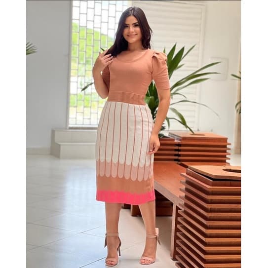 Vestido Feminino Midi Evase Rodado Trico Modal Manga Curta Princesa