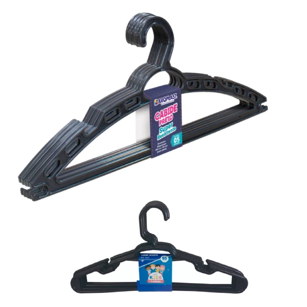 Kit 5 Cabides Adulto + 5 Cabides Infantil Preto Reforçado