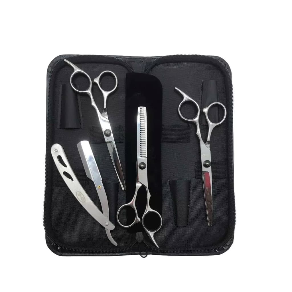 Kit 3 Tesouras Profissionais - 1 Navalhete - 2 Pentes PRATA - 016009