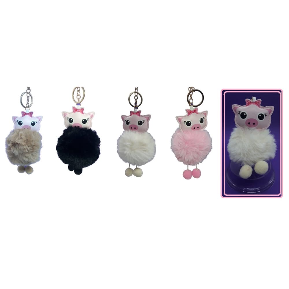 Chaveiro Pompom de Pelúcia e Couro Porquinha Estilizada