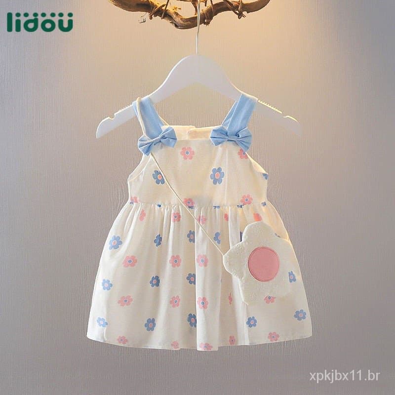 Verão coreano princesa meninas 2023 vestidos de bebê com bolsa de flor impressão roupas infantis H6YE