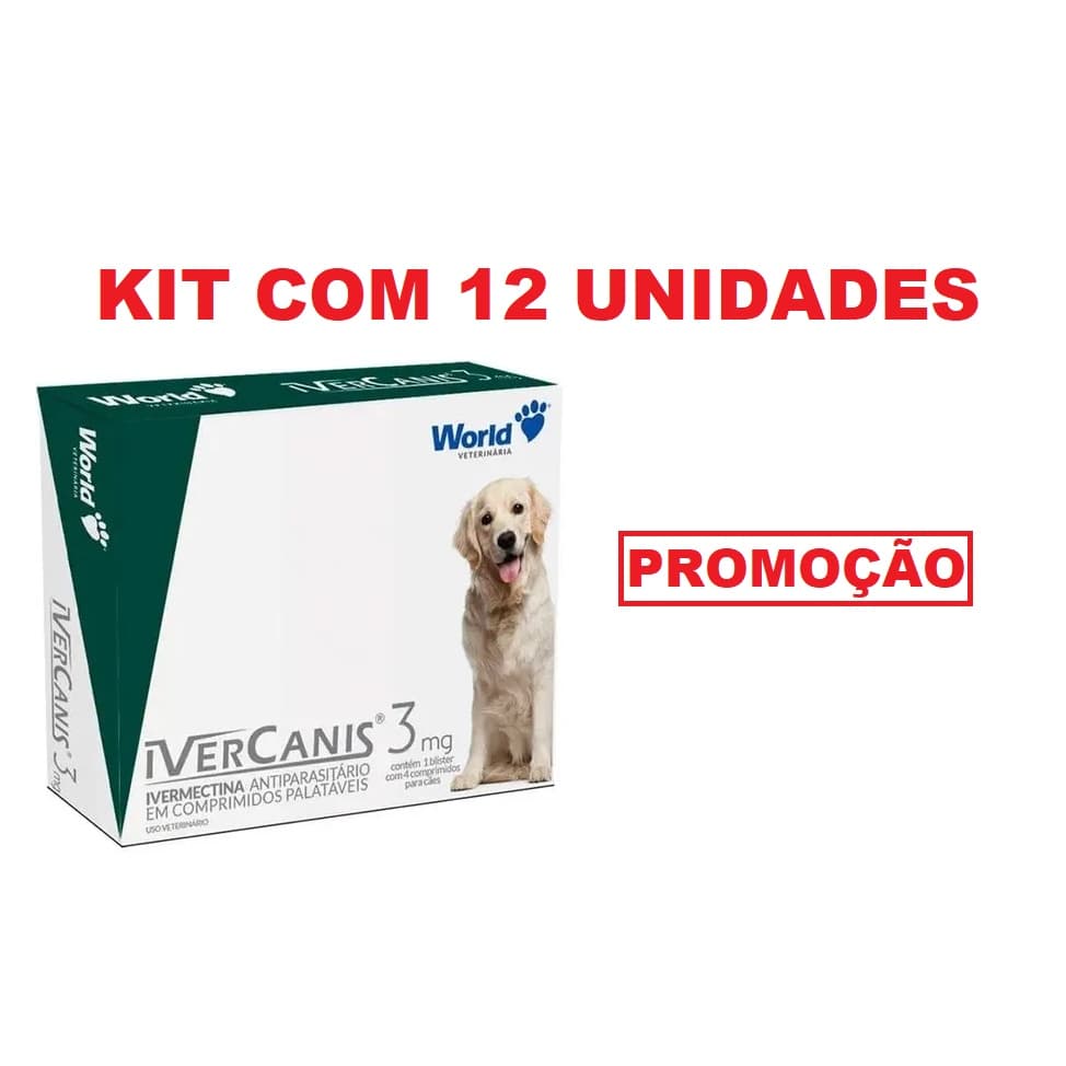 Kit 12 Unidades Remédio Para Carrapato, Pulga e Sarna Ivercanis 3mg 4 Comprimidos World