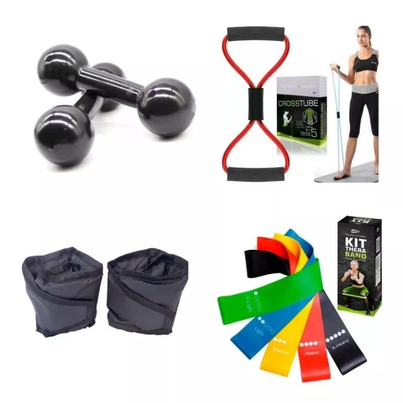 Kit Par Halter Emborrachado 1 Kg + Par Caneleira 1 kg + Elástico Multifuncional + Kit Miniband