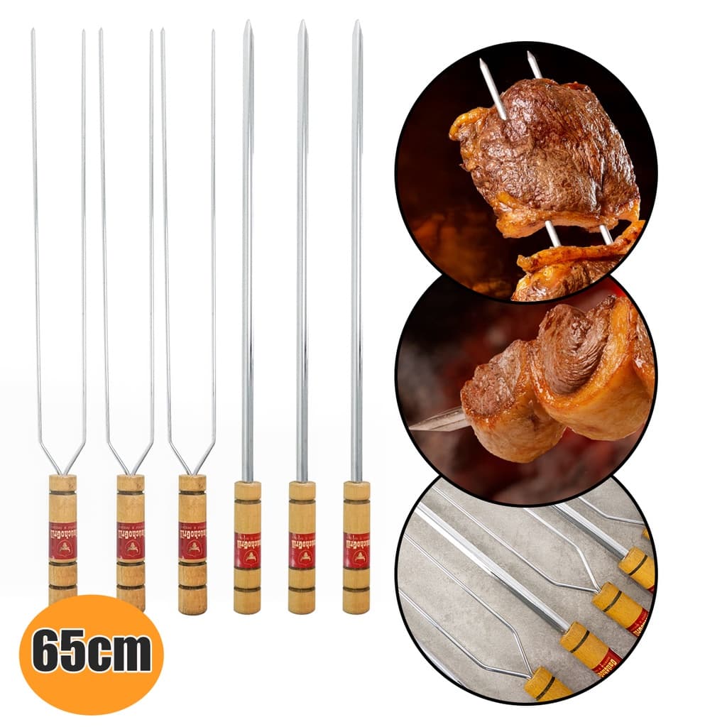 Kit 6 Espetos Churrasco Aço Inox 65 cm Cabo Madeira
