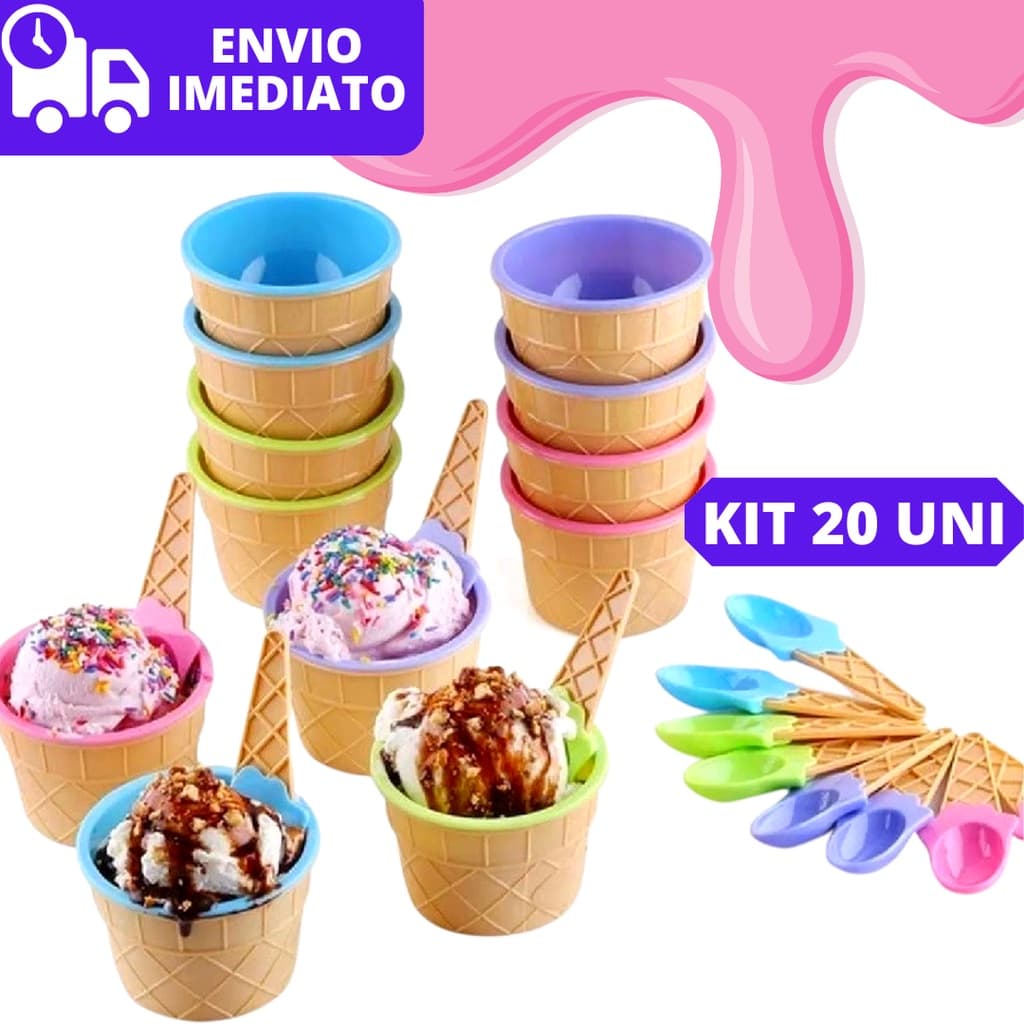 Kit 20 Pote de Sobremesa com Colher Tigela de Plástico Casquinha Sorvete Lembranças de Festas