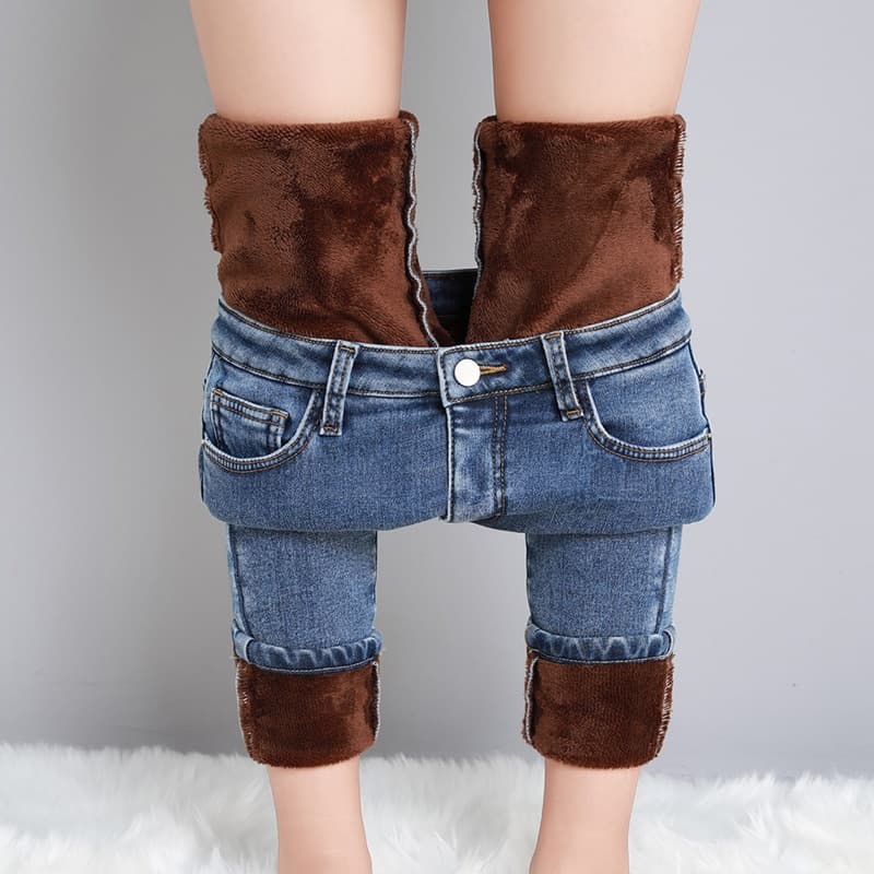 Calça Jeans Quente Feminina De Pelúcia De Inverno Acolchoada