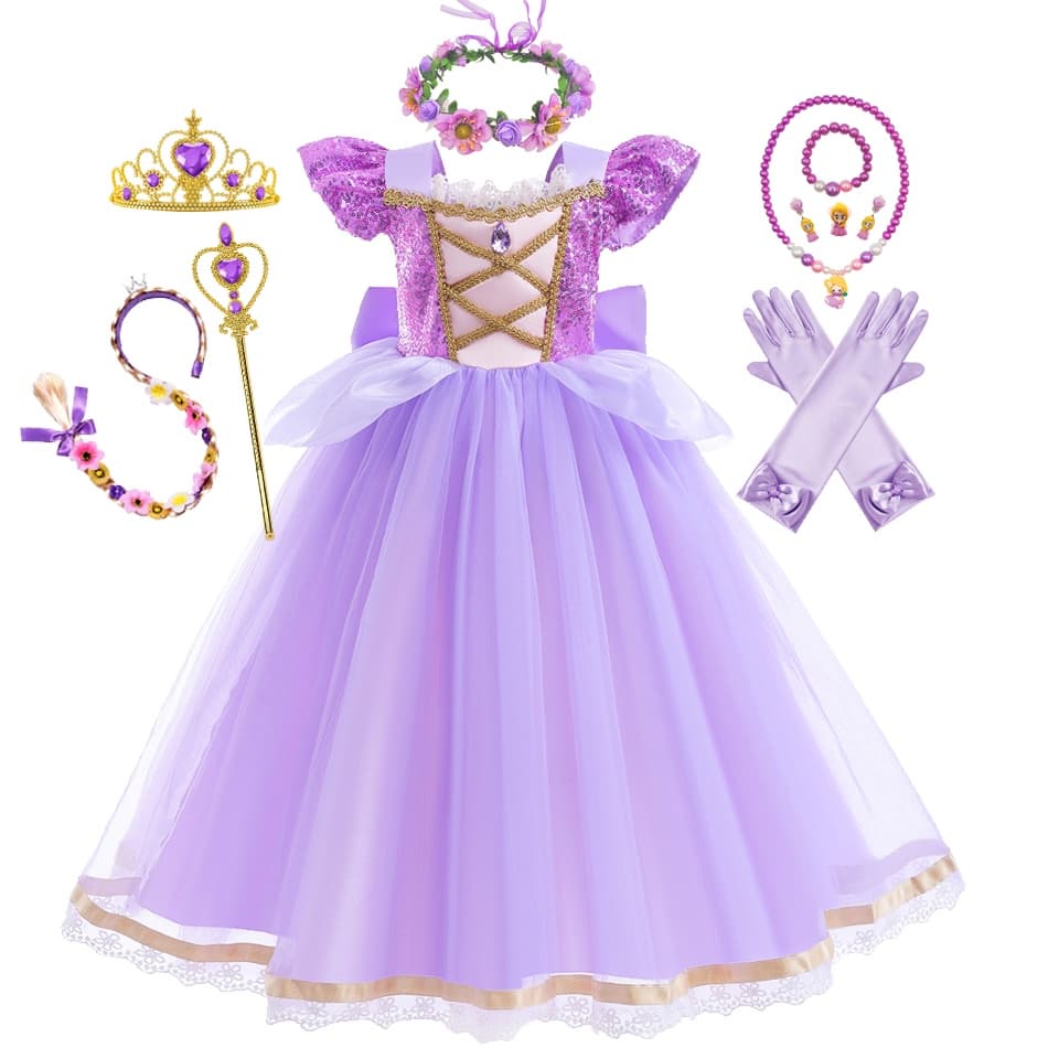 LXAA Belle Rapunzel Long Hair Cosplay Vestido De Princesa Para Meninas Beleza Bebê E A Besta Infantil Vestuário De Festa Luvas Da Coroa Rose Traje D82