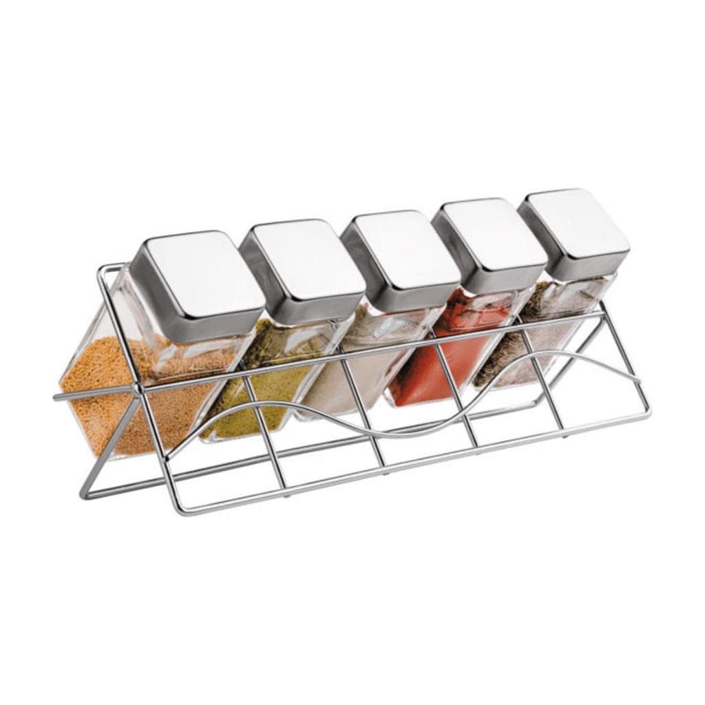 Porta Temperos Quadrado Com Suporte Cromado 6 Pcs Inox