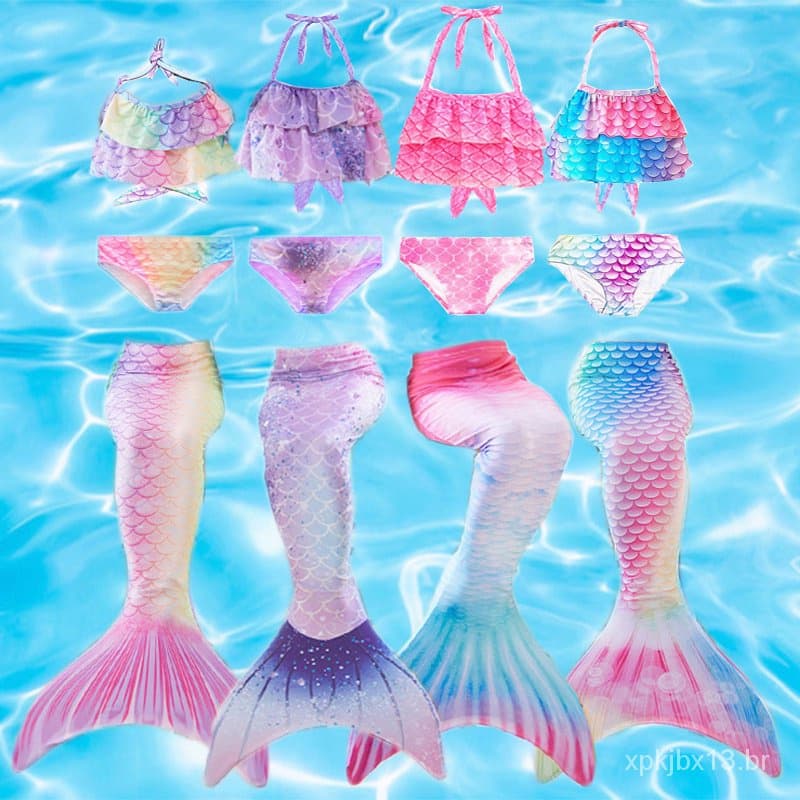 Traje Sereia crianças sereia maiô show de três peças vestido de biquíni para meninas cauda de peixe princesa 4X78