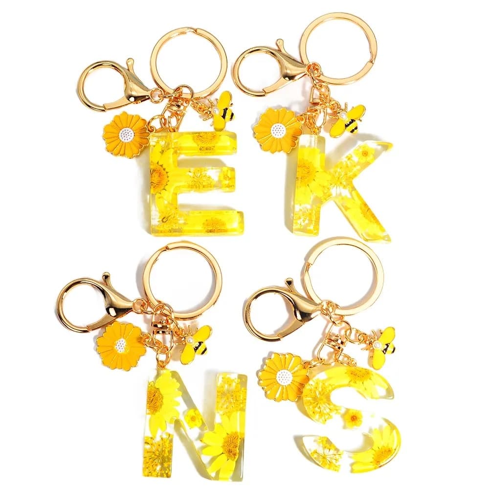 Moda Girassol Amarelo Girasóis A-Z Carta Inicial Chaveiro Acrílico Margarida Abelha Pingente Porta-Chaves Para Mulher