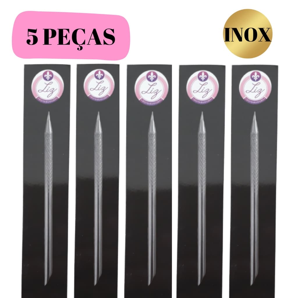 kit 5 Palito inox ponta e chanfro Manicure Profissional Liz