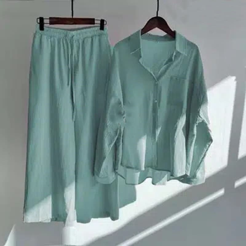 Transfronteiriço Amazon Independent Station Ladies 2022 novo conjunto de camisa de algodão e linho plus size cintura solta calça casual