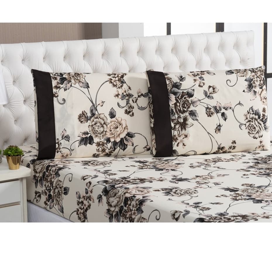 lençol cama queen jogo c/ 3 peças lençol com elástico estampa floral tabaco 180 fios