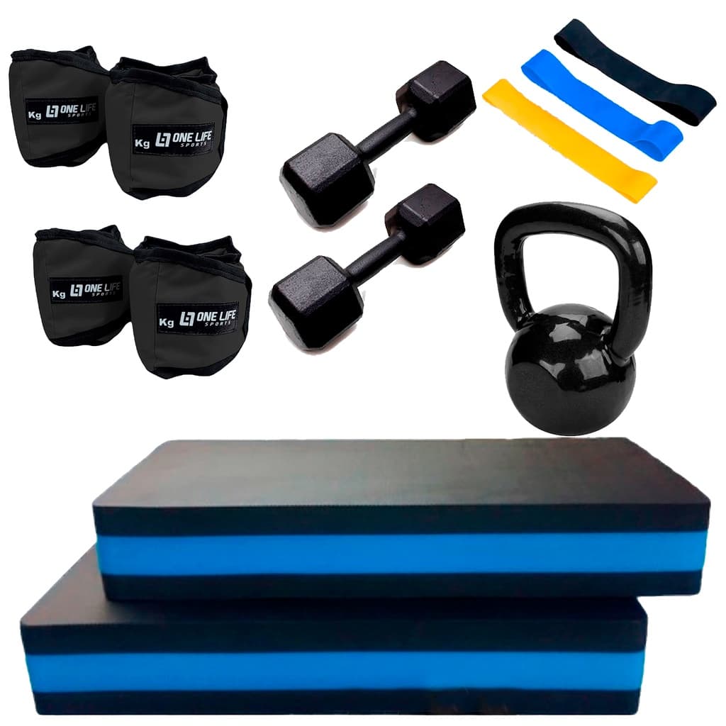 Kit Treino Aeróbico em Casa - Mini band + 2 Step + Caneleiras + Halteres +  Kettlebell