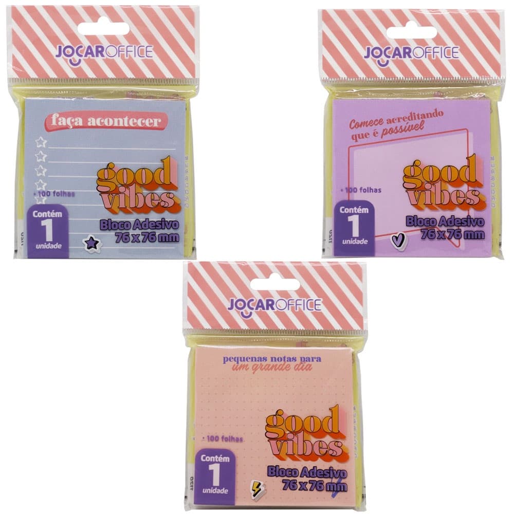 Kit 3 Blocos Autoadesivo Good Vibes 76X76mm 100 Fls - Jocar Office