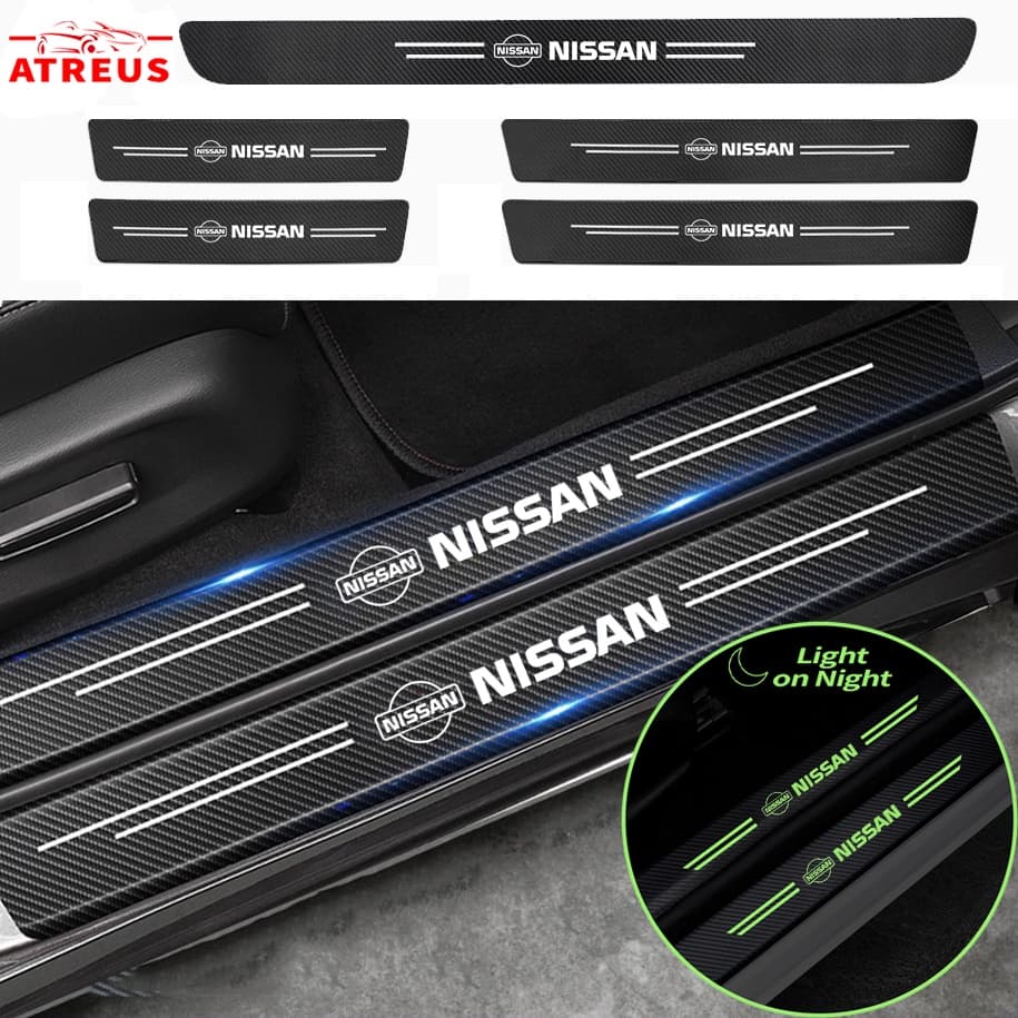 Para Nissan Adesivo Luminoso Soleira De Porta De Carro De Fibra De Carbono Soleira De Porta Anti-risco Protetor De Porta-Malas Para Nissan Versa Kicks Tiida March Sentra Livina gtr