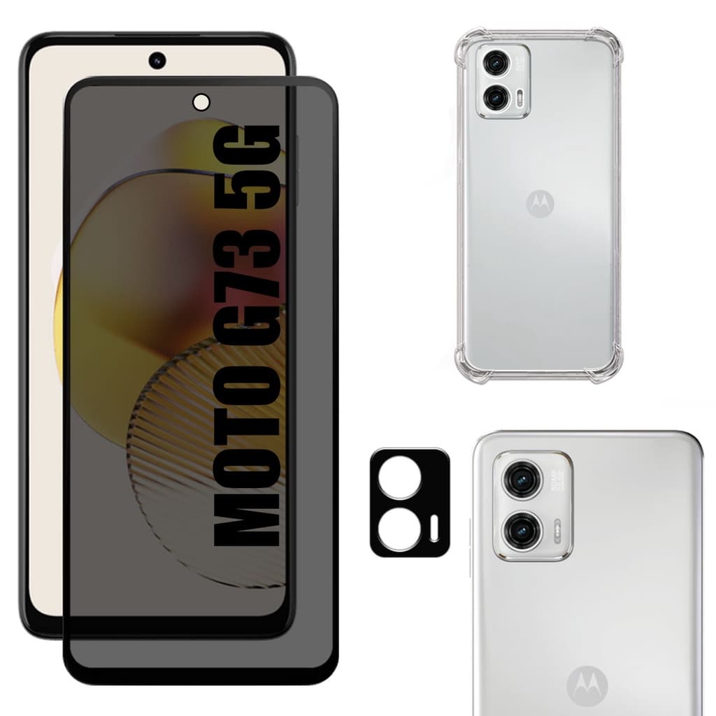 Kit Para Moto G73 5g | Película de Privacidade 3D - Capa Anti Shock - Película da Câmera 3D