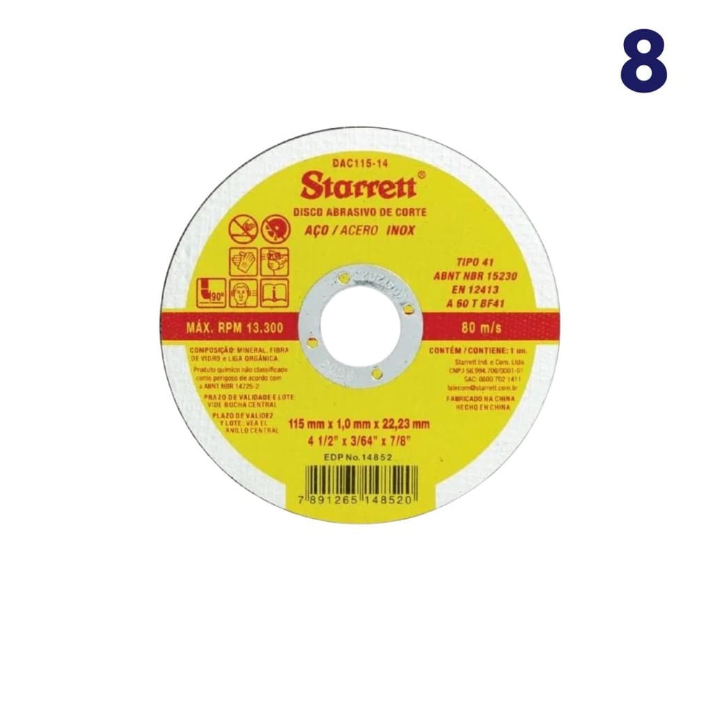 KIT 8 DISCO DE CORTE STARRETT 115MM AÇO INOX STARRETT DAC11514