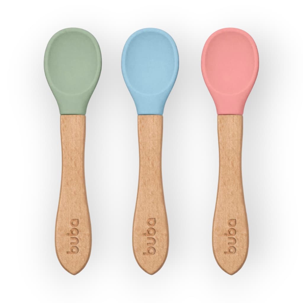 KIT 3 COLHERES SILICONE E BAMBU INTRODUÇÃO ALIMENTAR INFANTIL BEBE 6 MESES LEVE MACIA VERSÁTIL