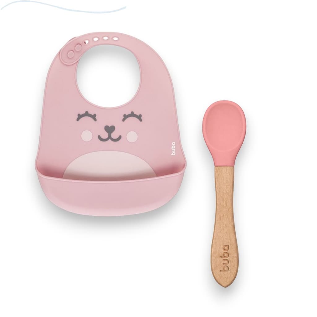 KIT ALIMENTACAO COLHER SILICONE E BAMBU E BABADOR INTRODUÇÃO ALIMENTAR INFANTIL BEBE VERSÁTIL
