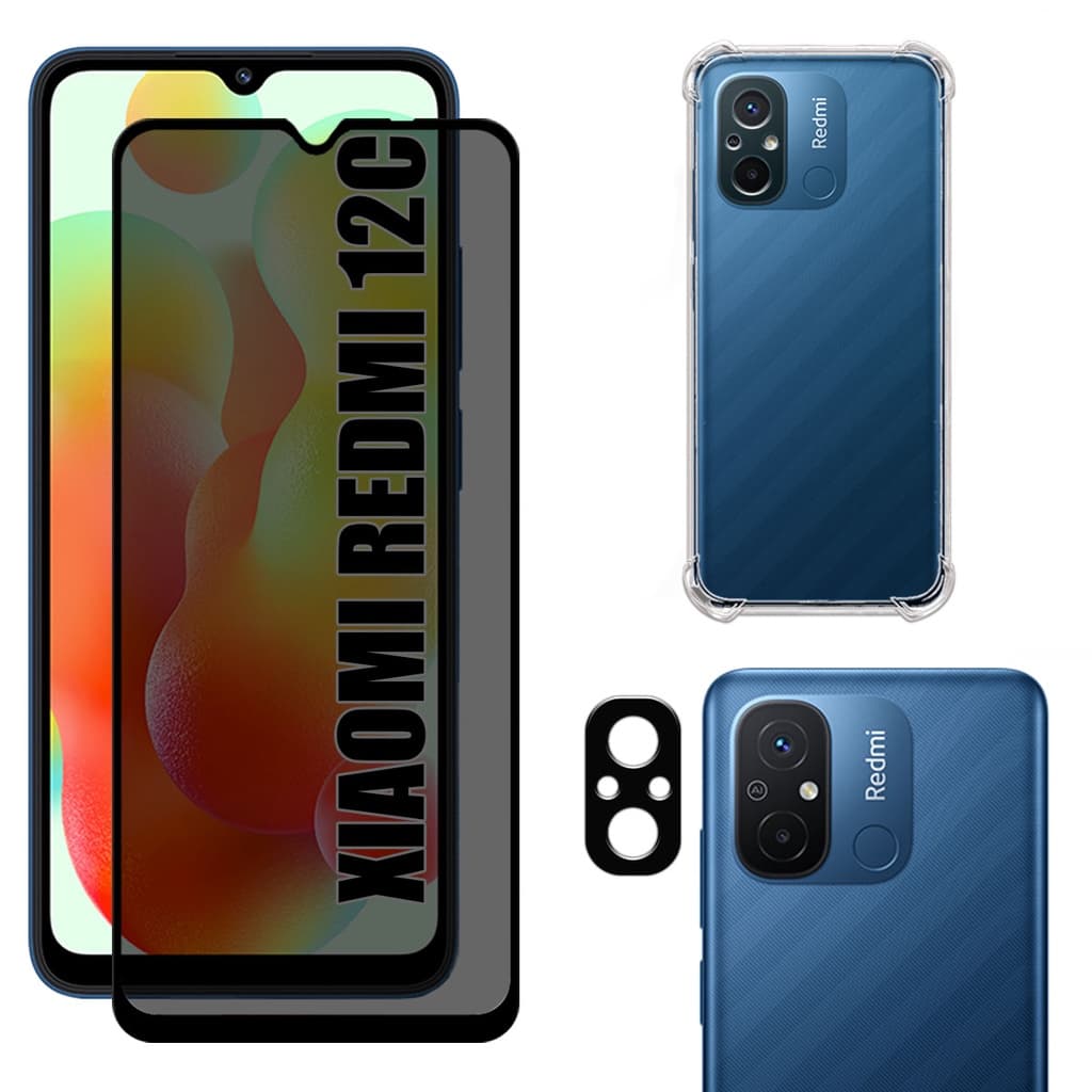 Kit Para Redmi 12C | Película de Privacidade 3D - Capa Anti Shock - Película da Câmera 3D