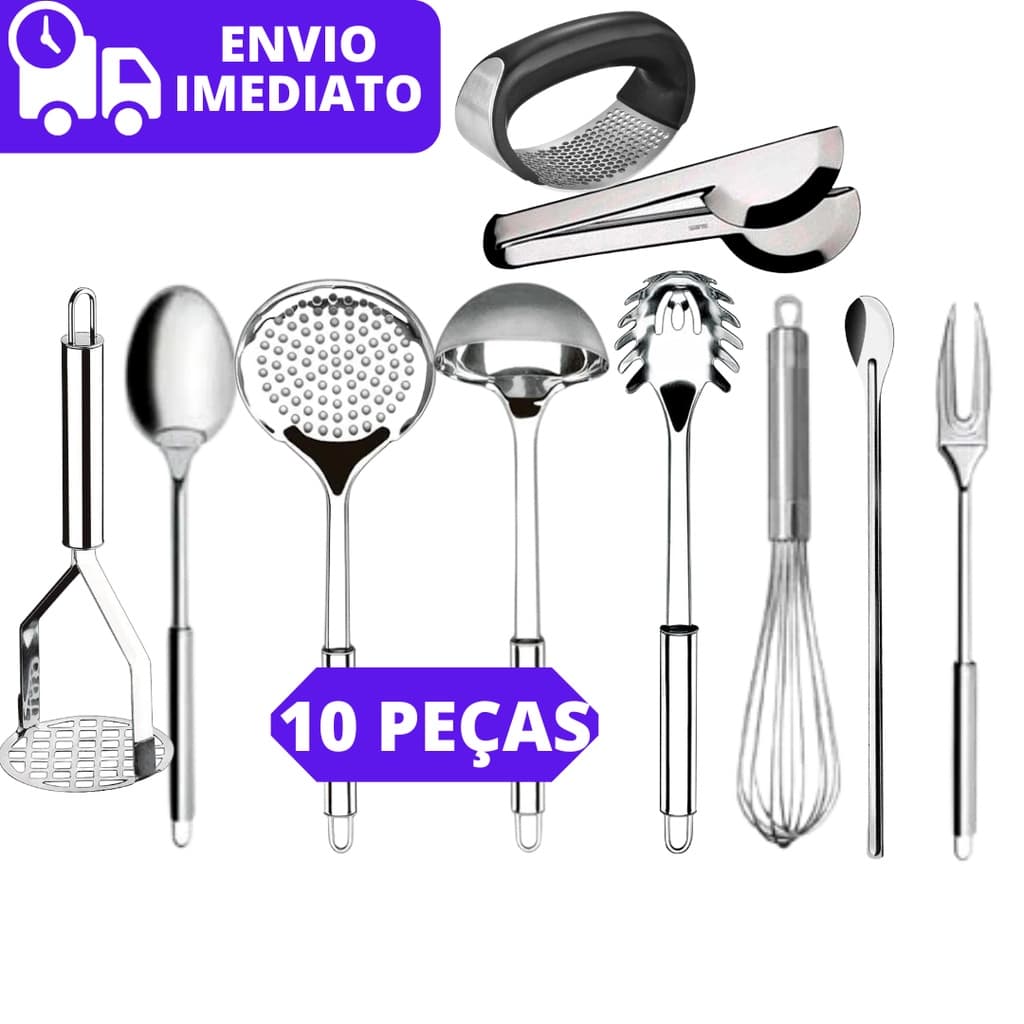 Kit 10 Peças Utensílios Inox Pegadores Cozinha Concha Escumadeira Pegador Colher Garfo Fuet Pegador Colher e Amassador