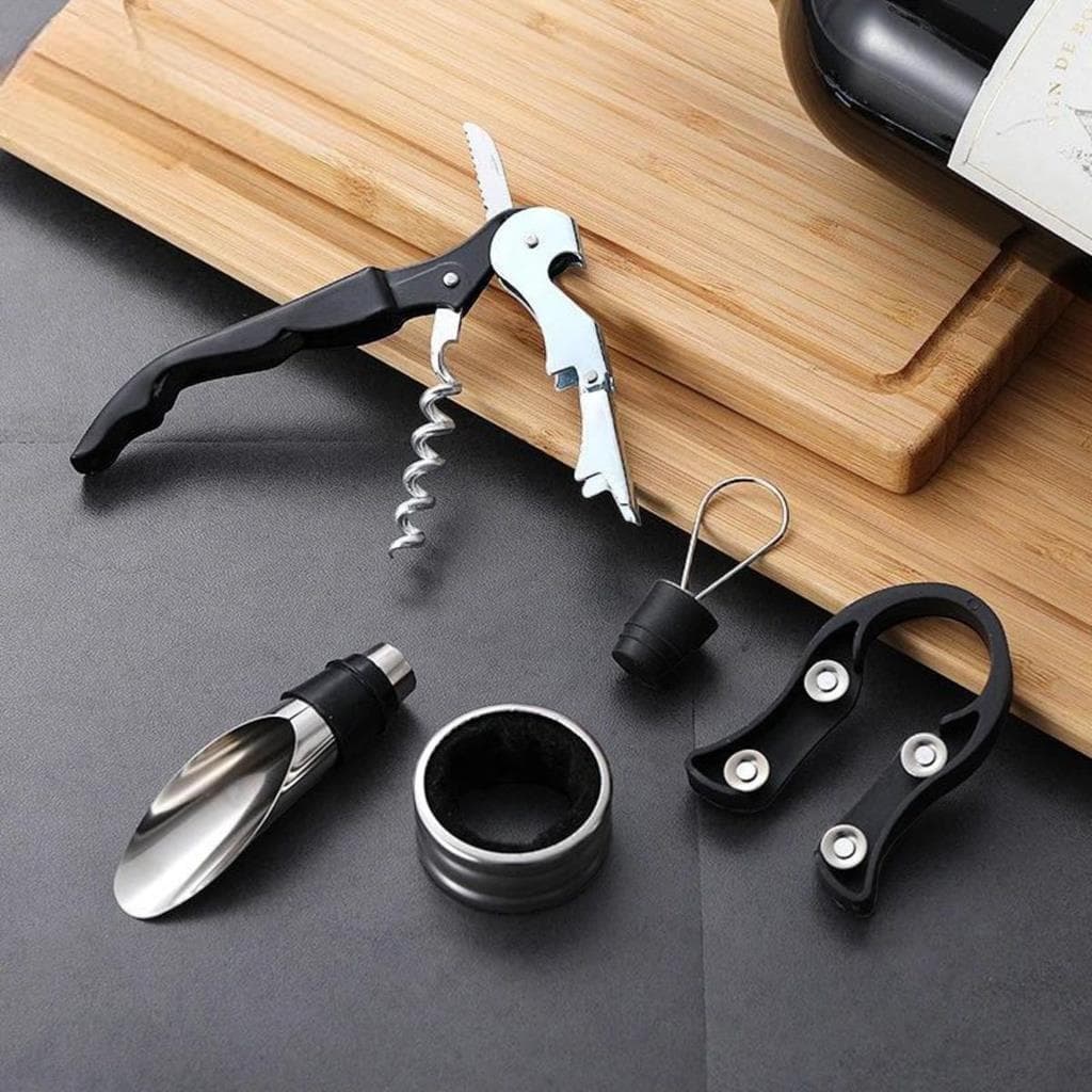 Kit C/5 Pecas Abridor De Vinho Aco Inox Saca Rolhas Acessorios