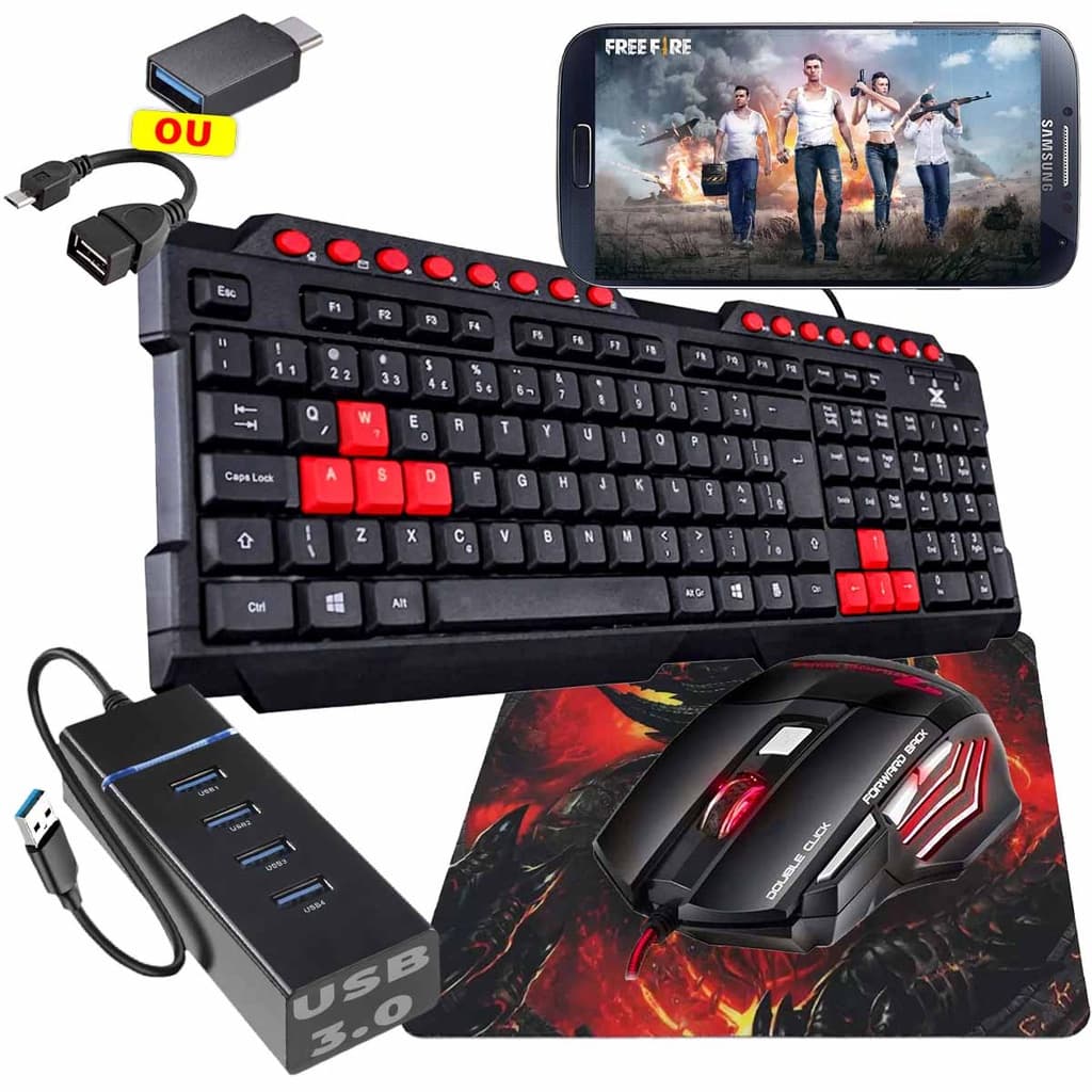 Kit Mobilador Gamer Com Hub 3.0 Sem Delay Teclado Multimídia Mouse e Pad Speed