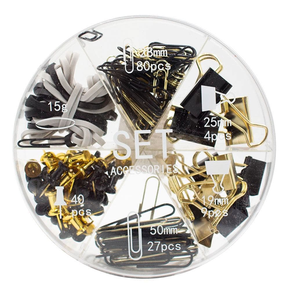 Kit Papelaria - Clipes, Binder, Elásticos e Percevejos - Time Lapse Preto e Dourado - Bee Unique