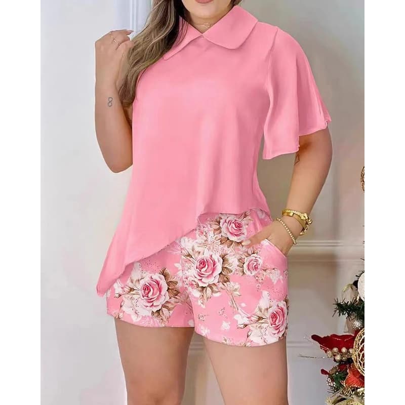 Conjunto De Calções Casuais Novos Fahion Two Piece Sets 2023 Summer Asymmetrical Hem Top & Floral Print Shorts