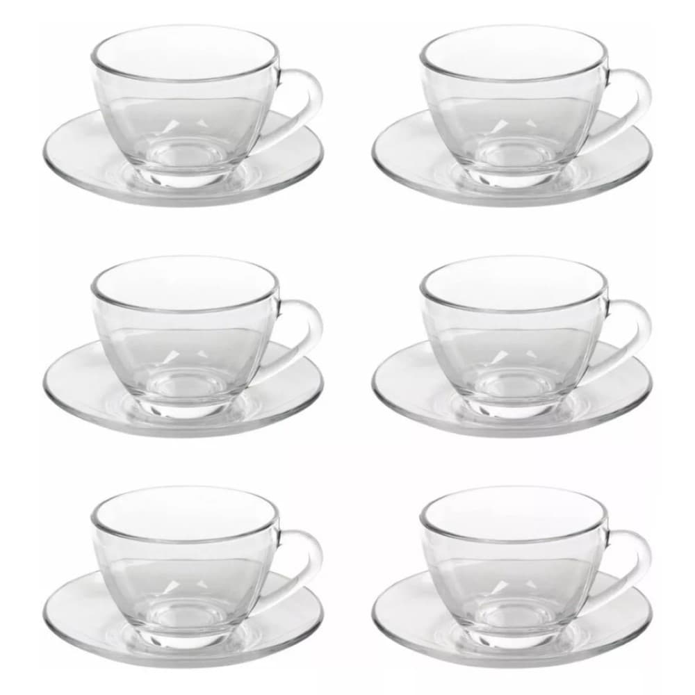 Jogo Xícara P/ Chá 12 Peça Vidro Incolor Caneca Café 230ml Kit 6 Xícara 6 Pires Design Elegante Ingá