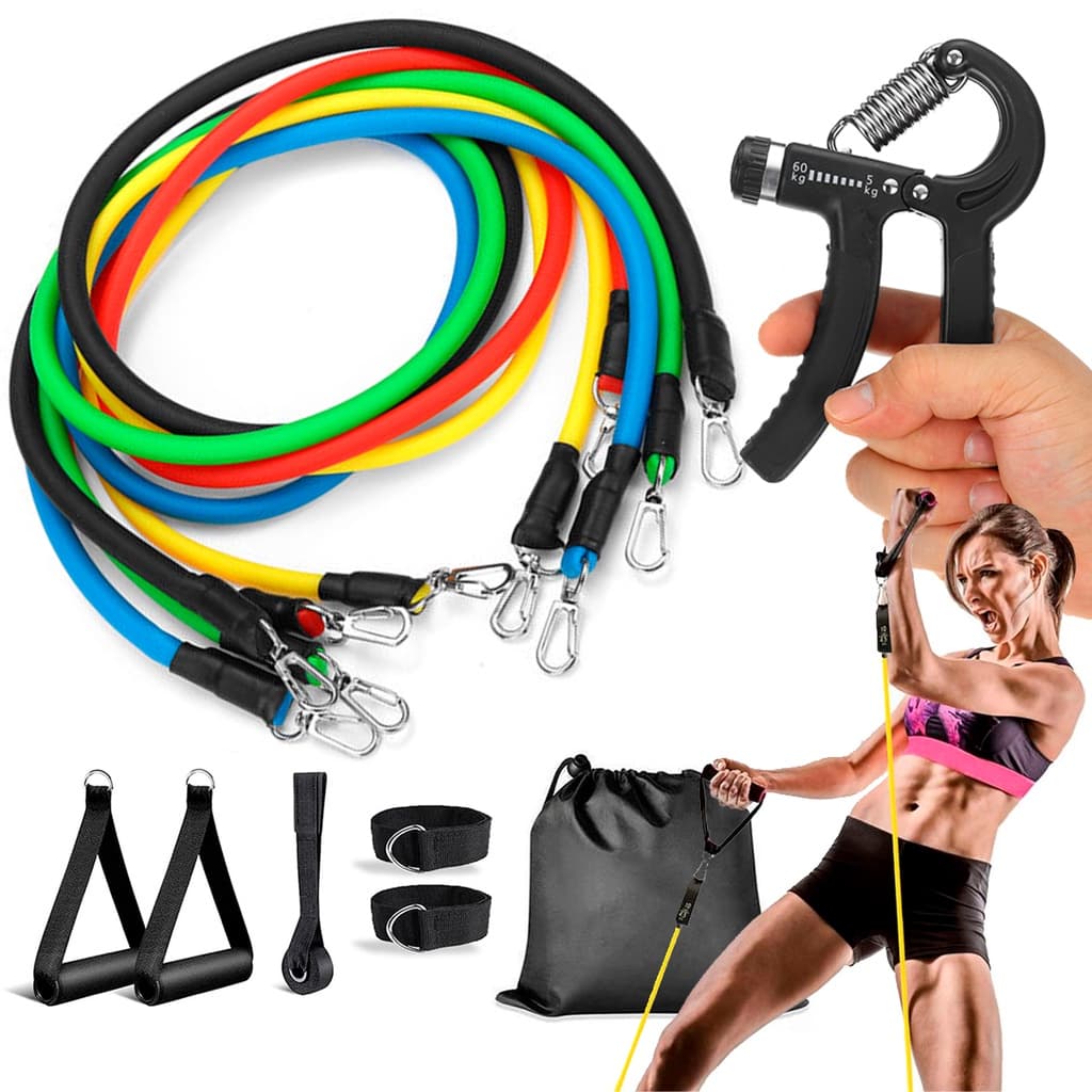 Kit FUNCIONAL 5 Elásticos +1 Hand Grip Treino Exercícios em casa Fisioterapia mãos braços GlÚTEOS