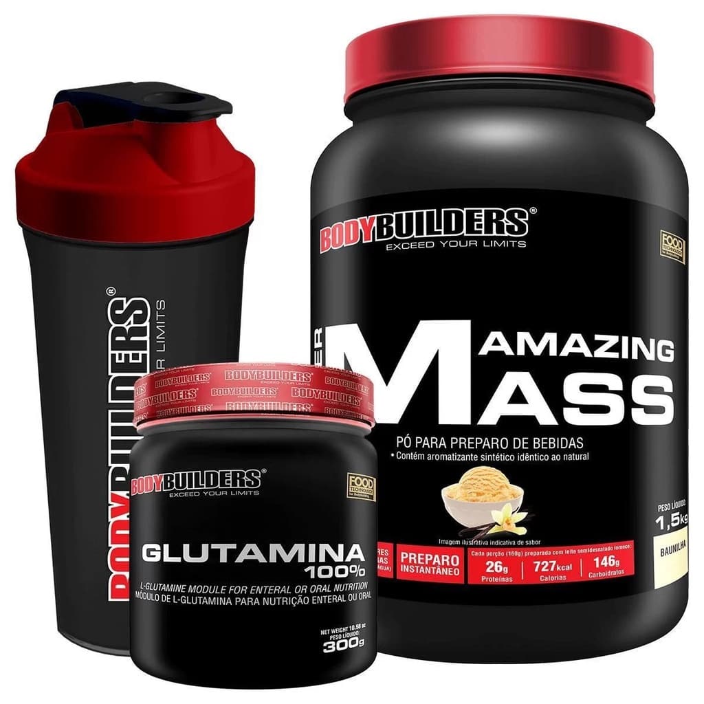 Kit Hipercalórico Hiper Amazing 1,5KG Baunilha + Glutamina 300g + Coqueteleira + Bodybuilders