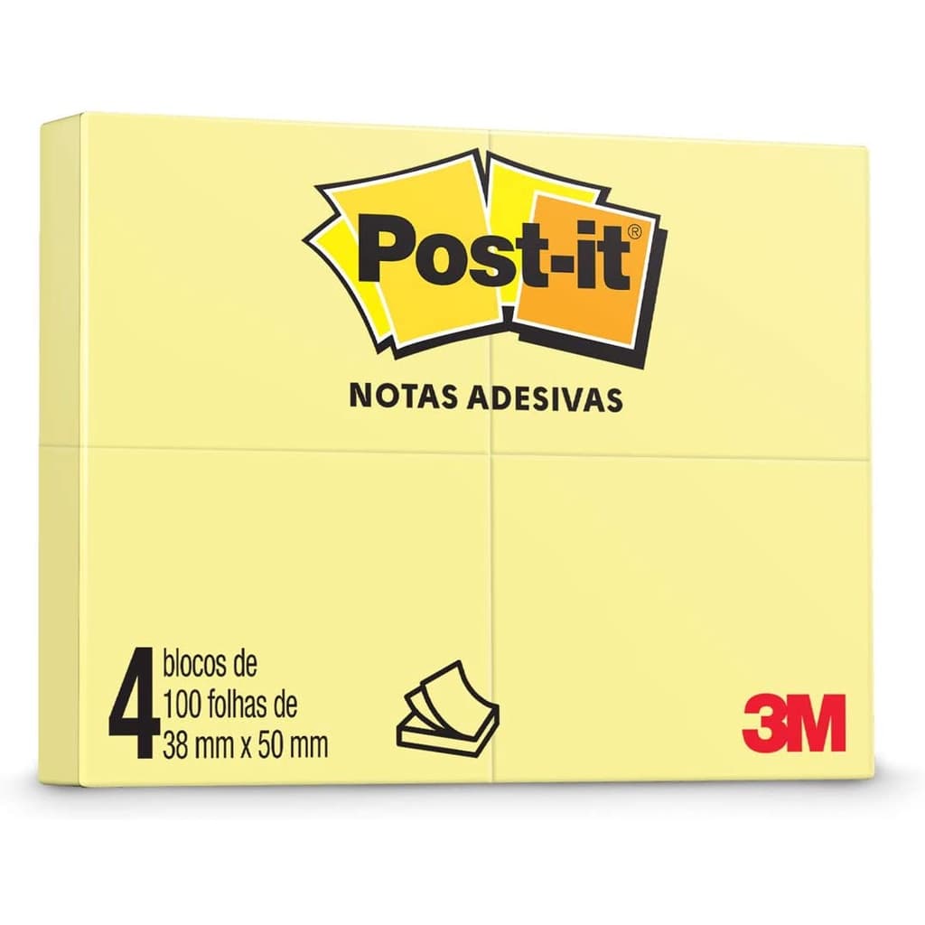 Bloco adesivo 3M post-it 50X38mm amarelo com 4 blocos