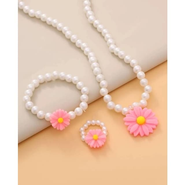 Kit Conjunto Colar e Pulseira Anel Infantil Menina Miçangas Pérolas Branco Rosa Urso Doce Laço Flor Ursinho Presente
