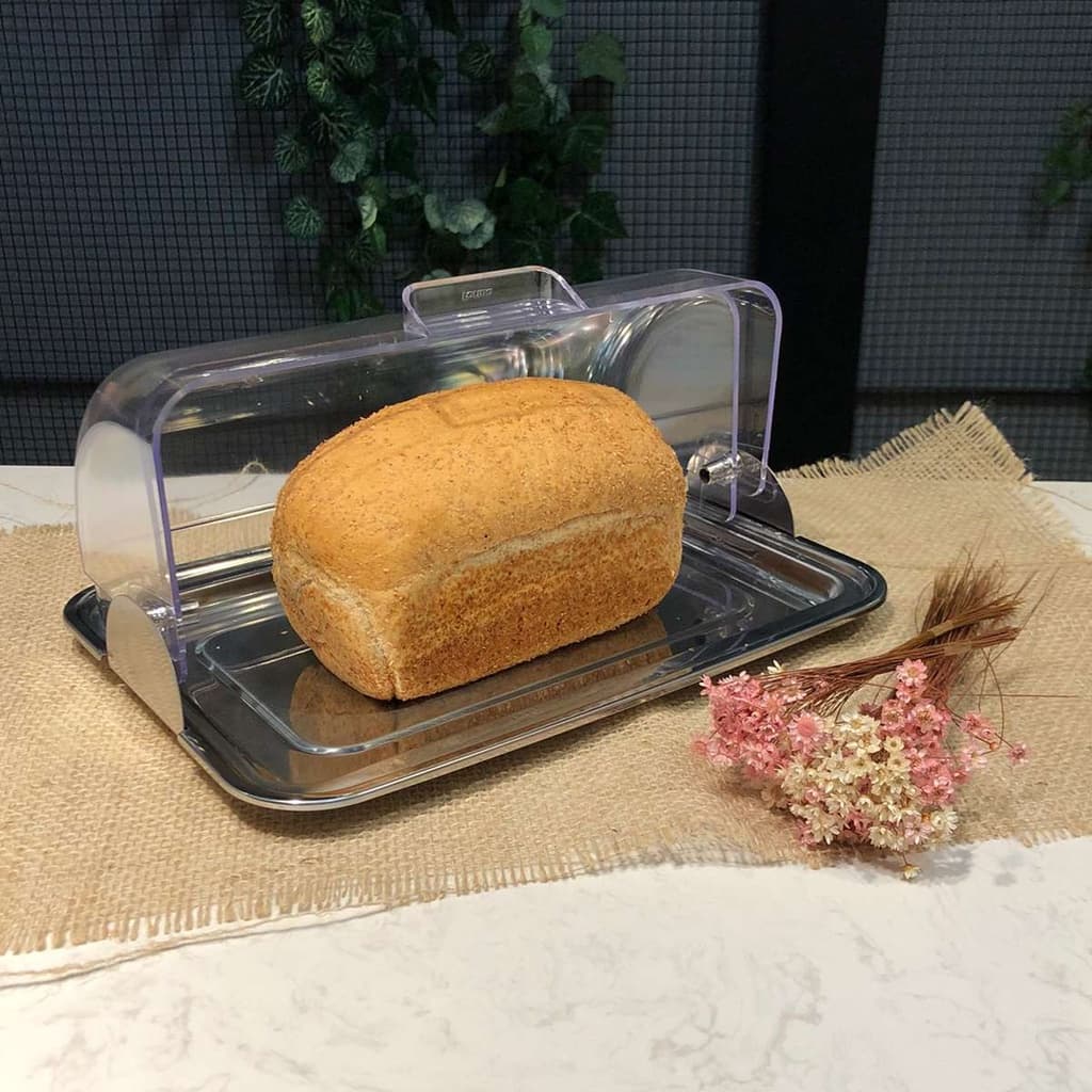 Porta Pão Com Bandeja Aço Inox Tampa Acrílico Pãozeira Forma pão de forma hotel café da manhã